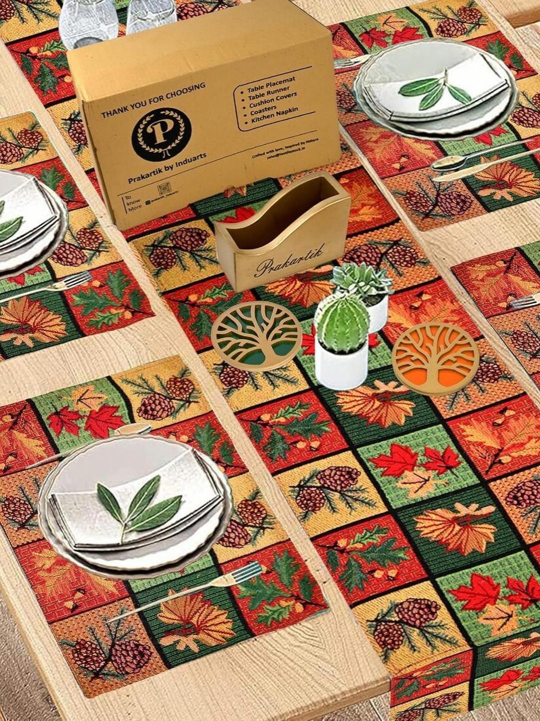 

PRAKARTIK Green & Red 9 Pieces Floral Printed Table Placemats & Coasters