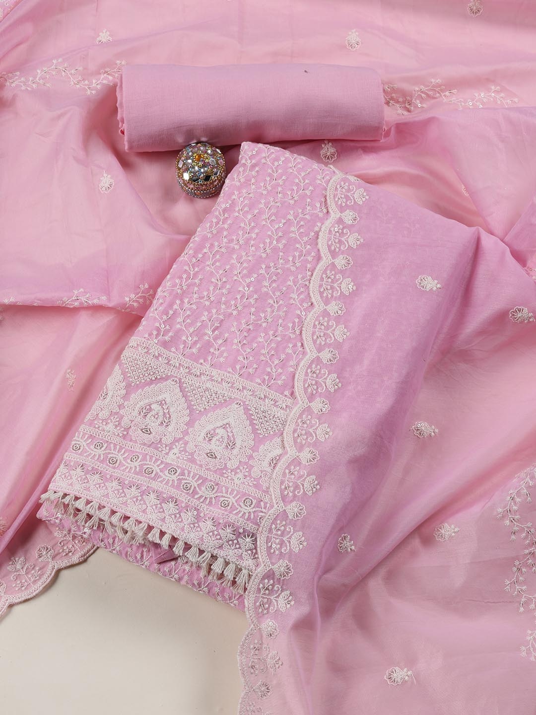 

Meena Bazaar Embroidered Art Silk Unstitched Dress Material, Pink