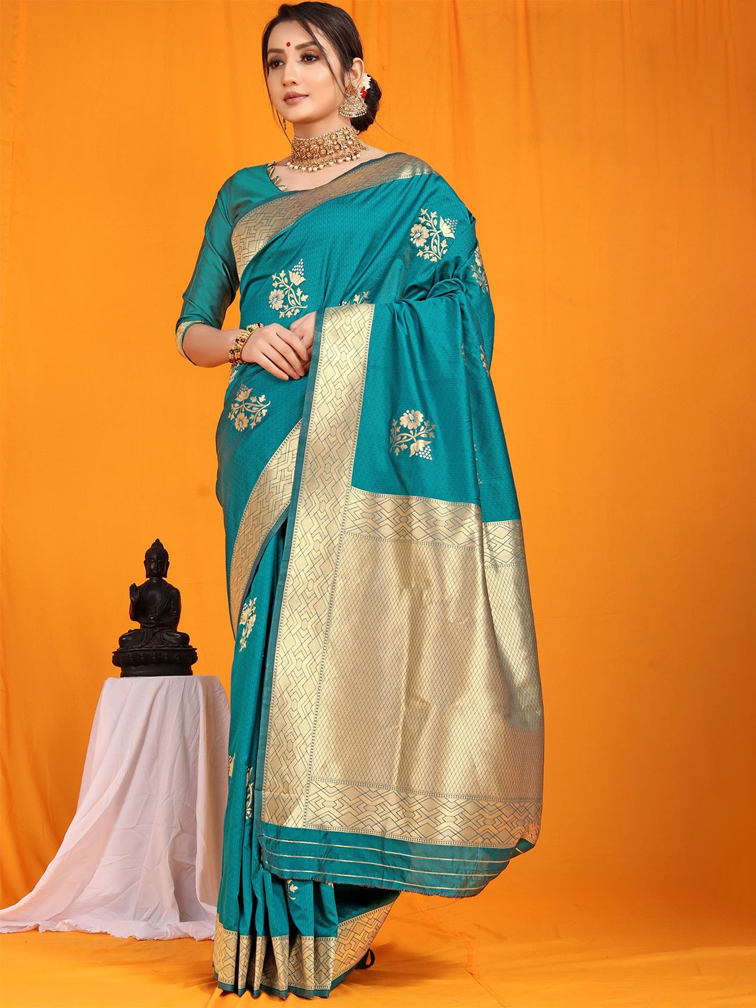 

amirat Woven Design Zari Pure Silk Banarasi Saree, Teal