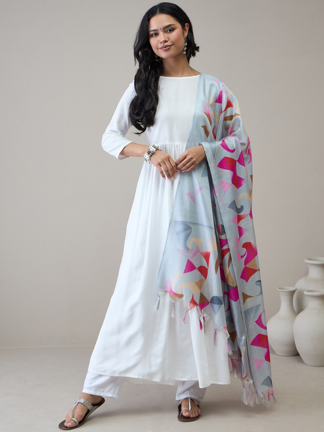 

InWeave Women Pleated Kurta with Trousers & With Dupatta, White