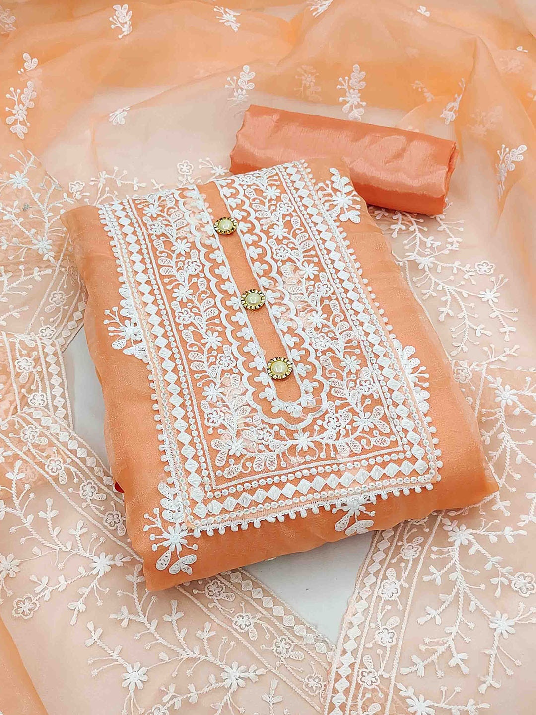 

KALINI Embroidered Organza Unstitched Dress Material, Orange