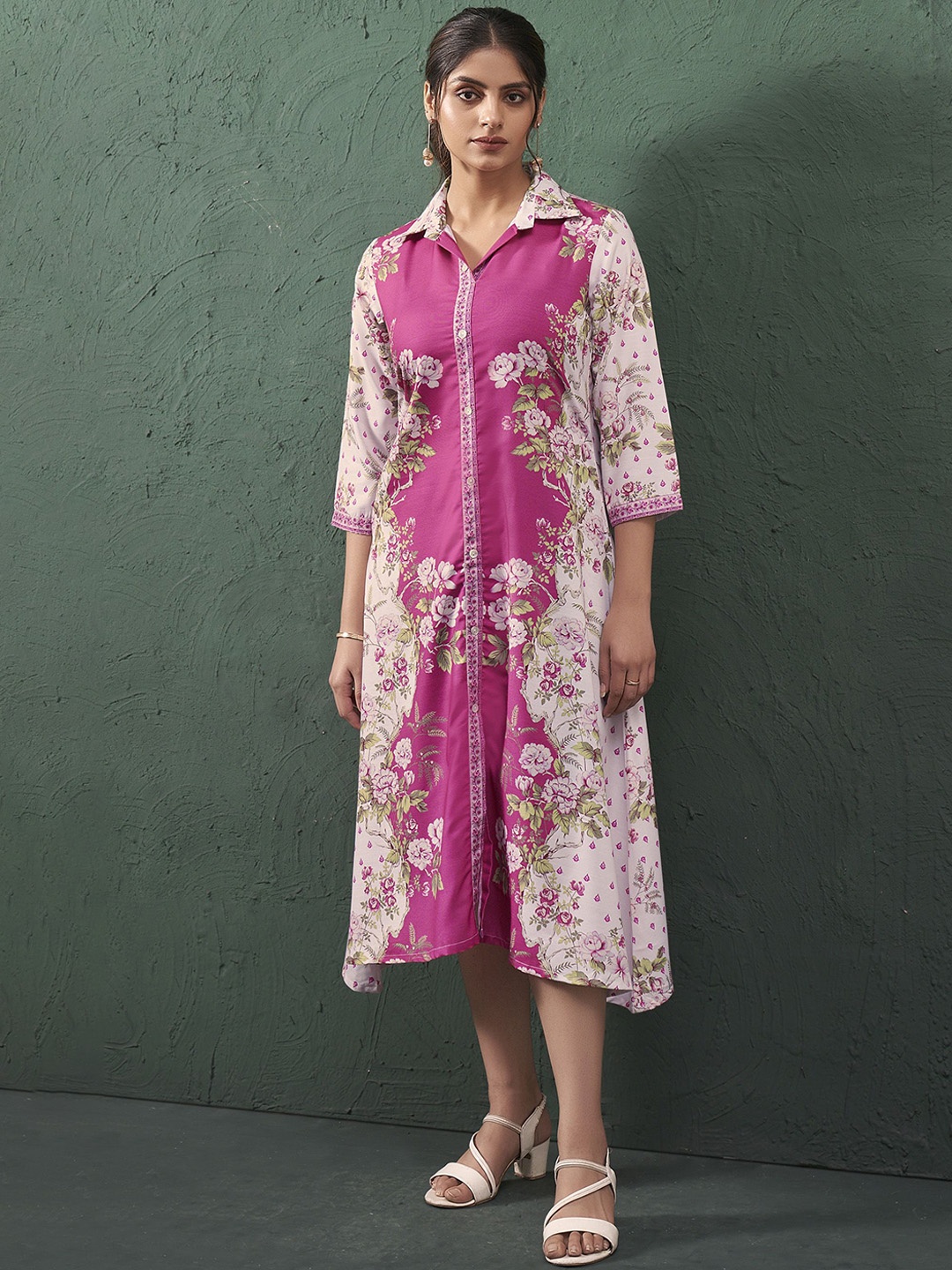 

Anouk Floral Printed Shirt Collar Neck Ethnic Dresses, White