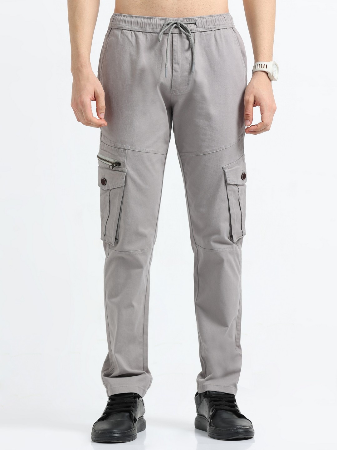 

NEVER NEUD Men Relaxed Zipper Utility Cargos Trousers, Cream