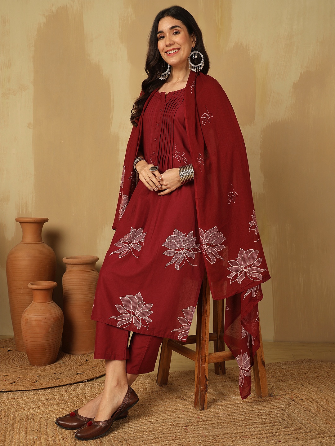 

Sangria Printed A-Line Kurta With Trousers & Dupatta, Red