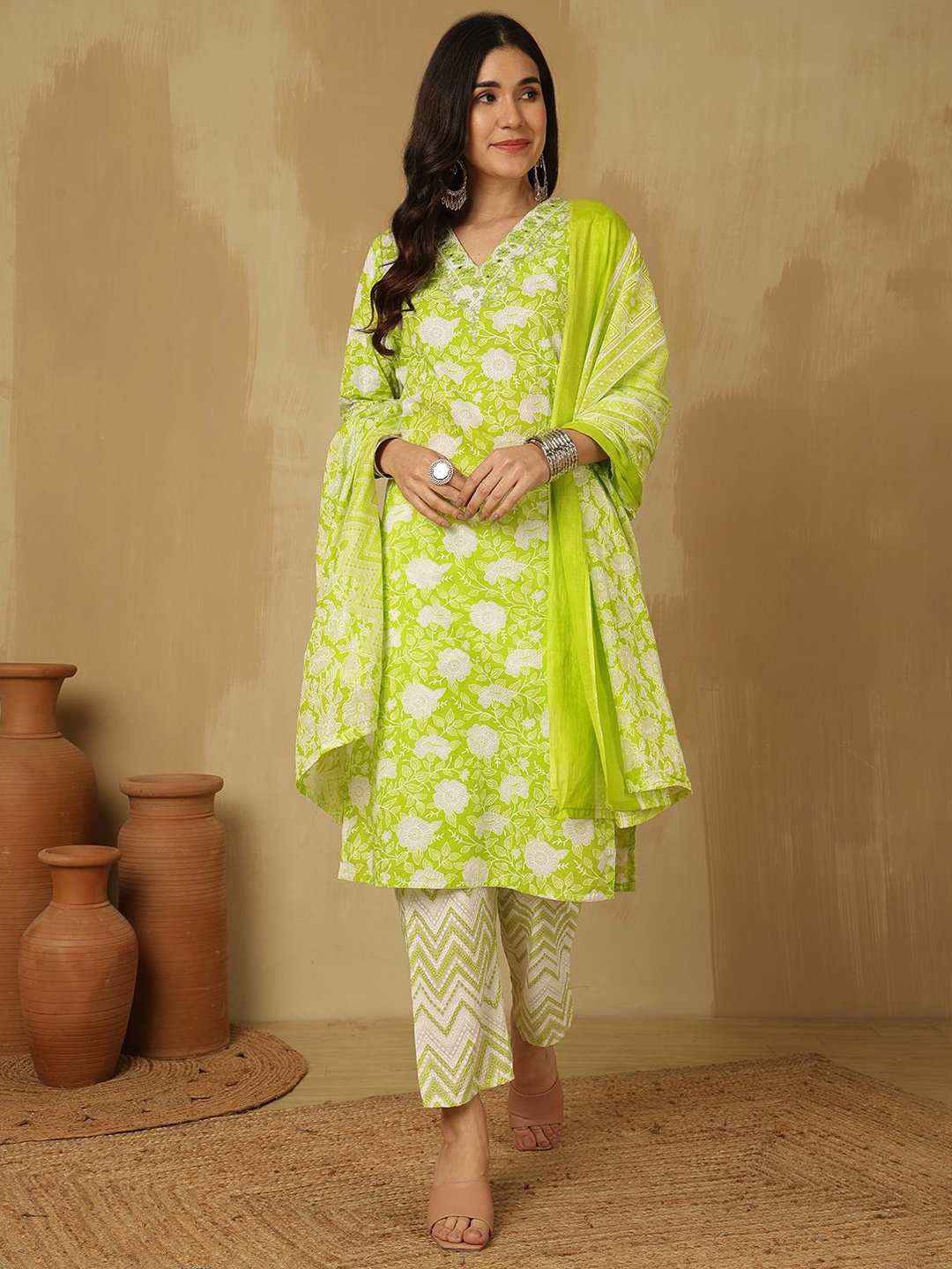 

Sangria Printed Embroidered Pure Cotton Kurta With Trouser & Dupatta, Green