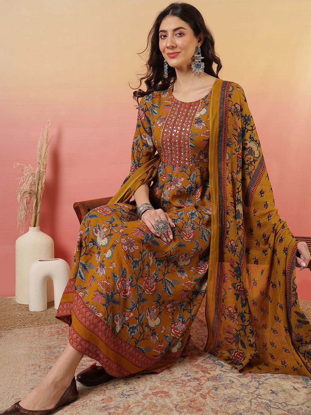 

Sangria Mustard Floral Printed Pure Cotton Anarkali Kurta With Trouser & Dupatta