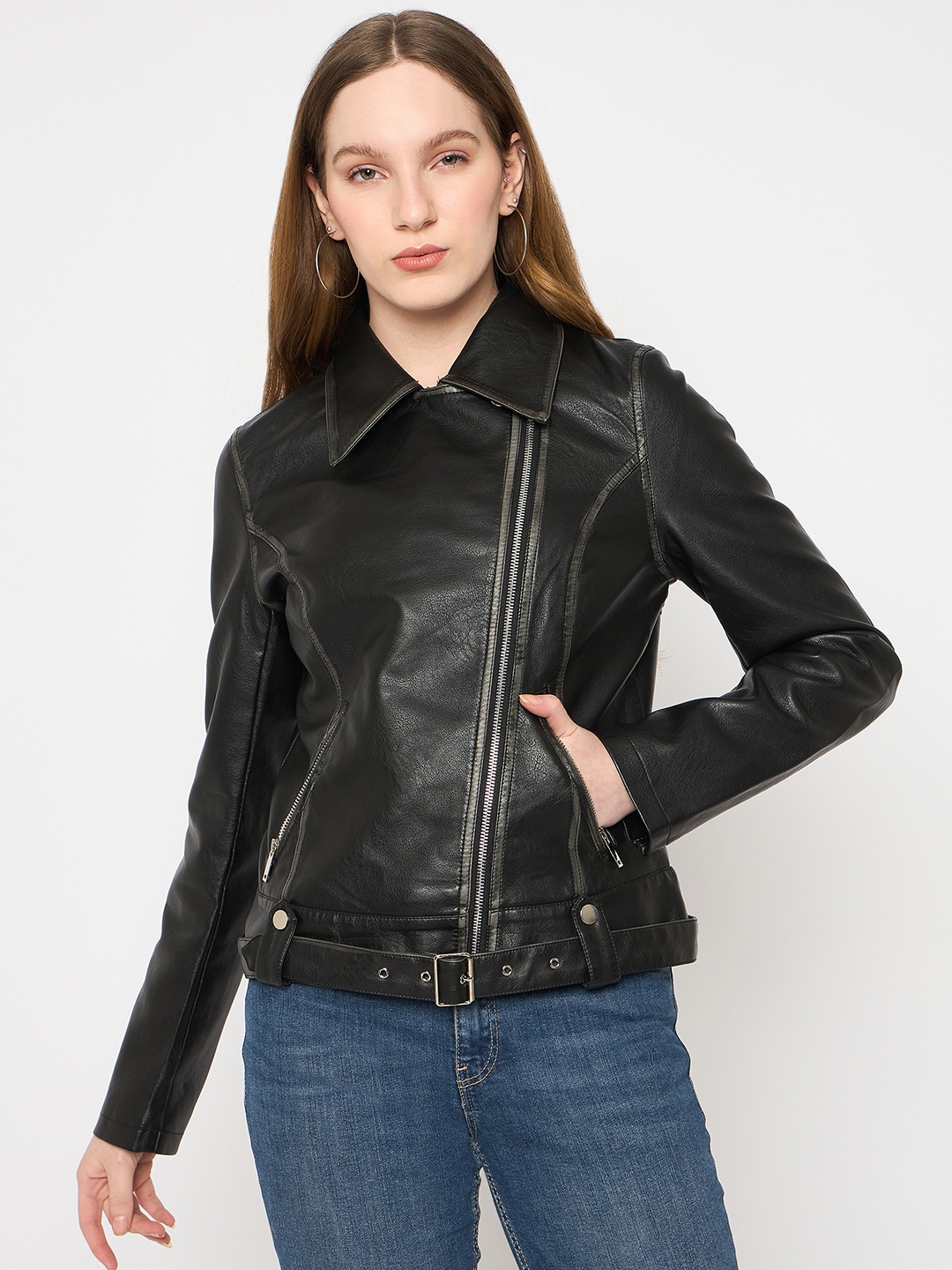 

Madame Women Polyester Crop Biker Jacket, Black