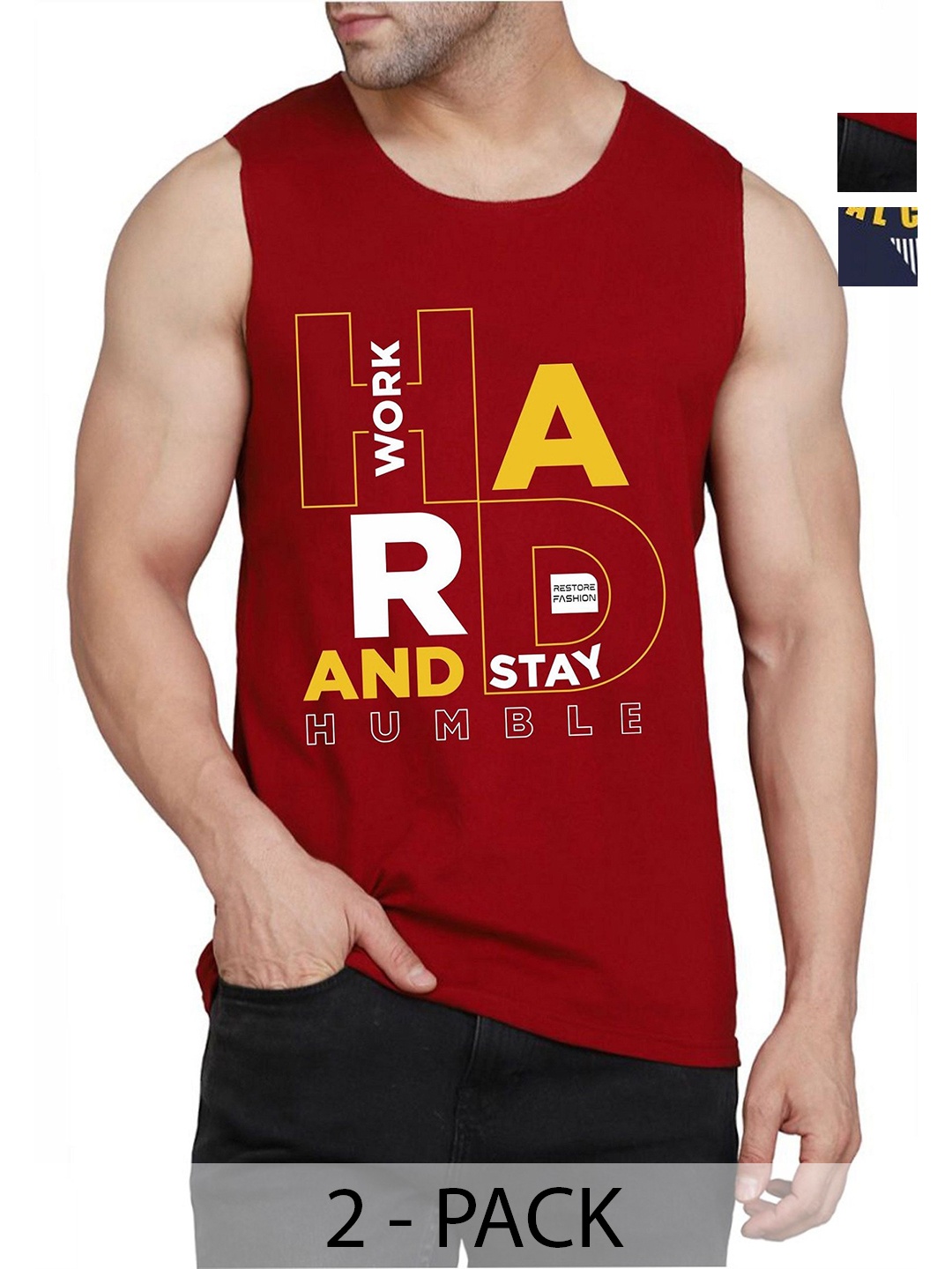 

WOOSTRO Men Pack Of 2 Typography Printed Round Neck Cotton Slim Fit T-shirts, Maroon