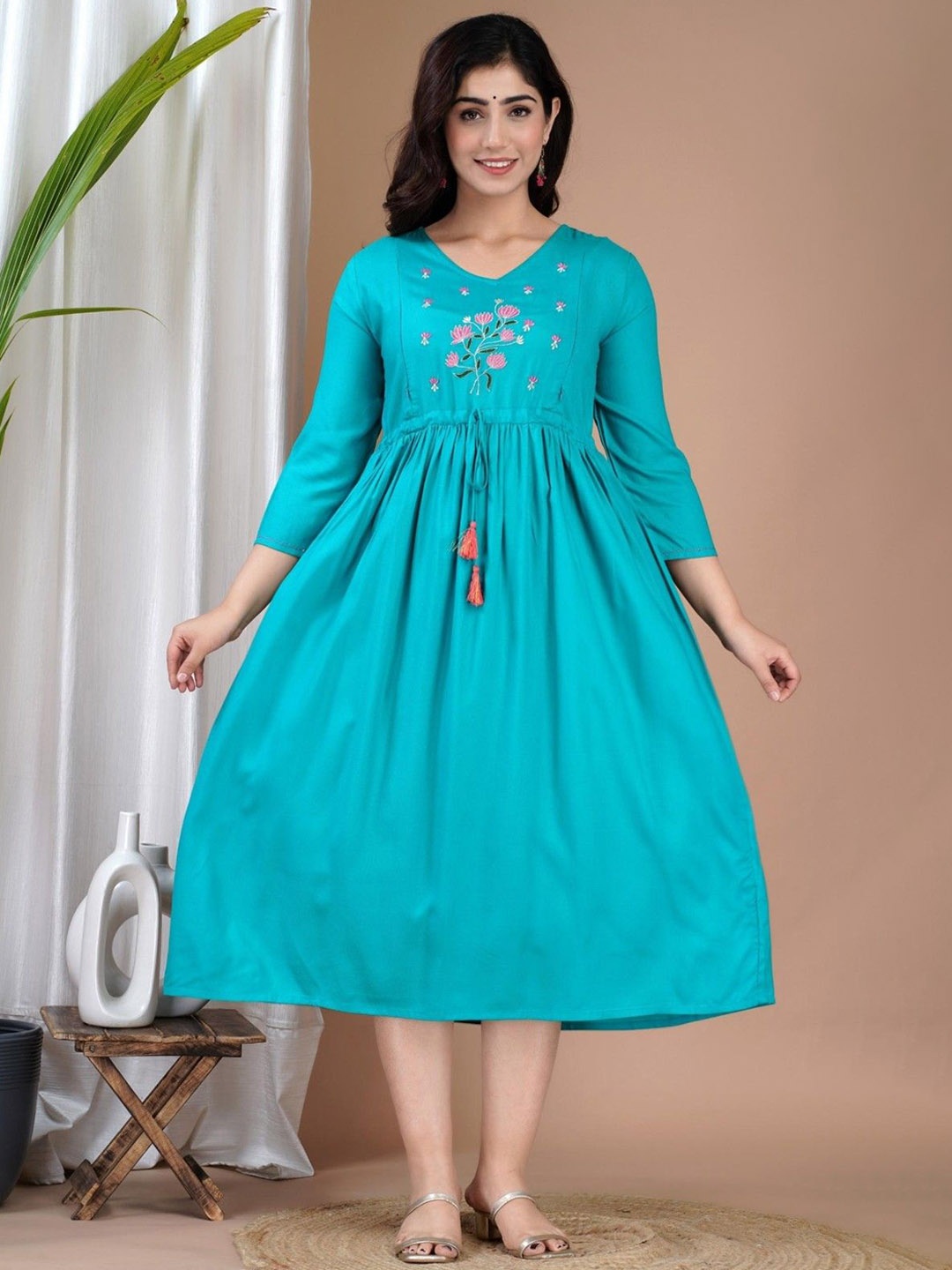 

TROPWEAR V-Neck Floral Embroidered Maternity Fit And Flare Ethnic Dresses, Blue