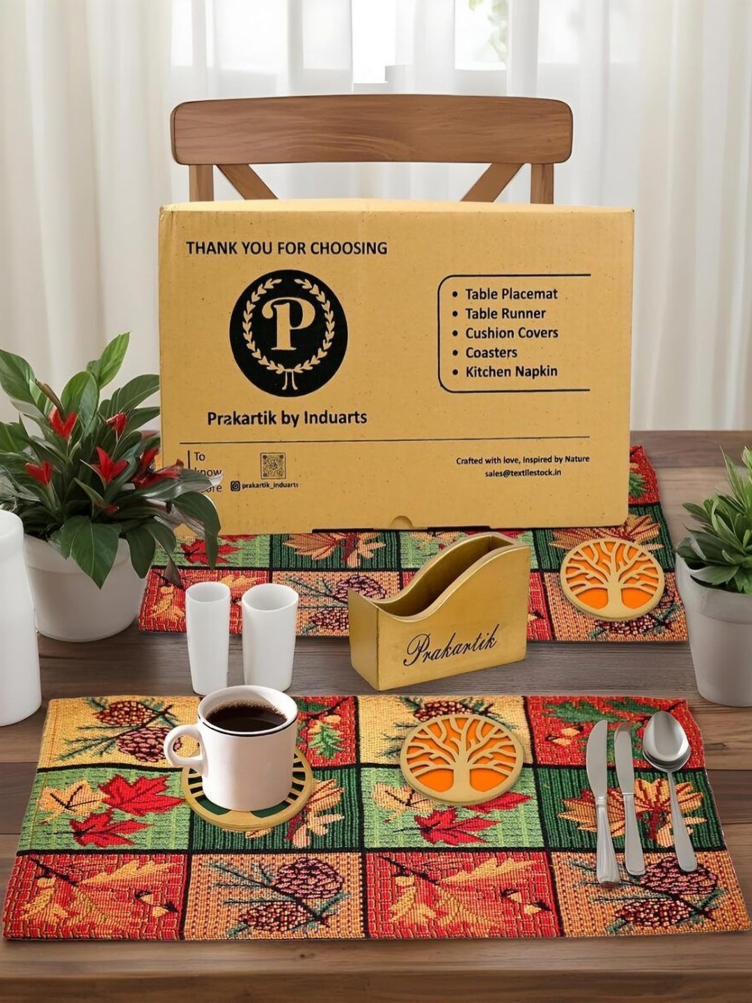 

PRAKARTIK 9-Pcs Green & Red Printed Table Placemats&Coasters