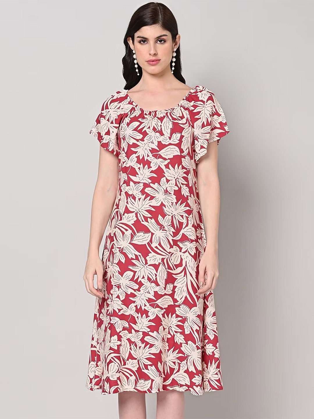

SAKURA Women Floral Printed Liva A-Line Dress, Red