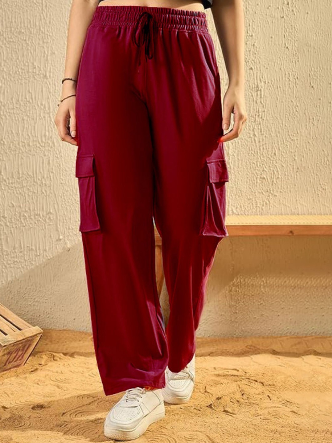 

White Moon Women Mid Rise Cargo Track Pants, Maroon