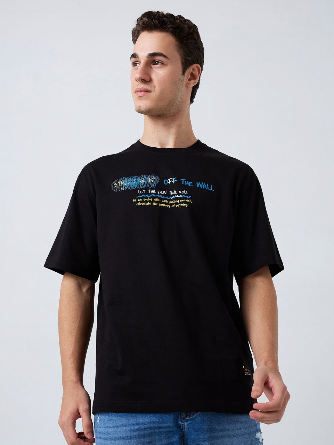 

SPYKAR Men Typography Printed Round Neck Cotton Relaxed Fit T-shirt, Black