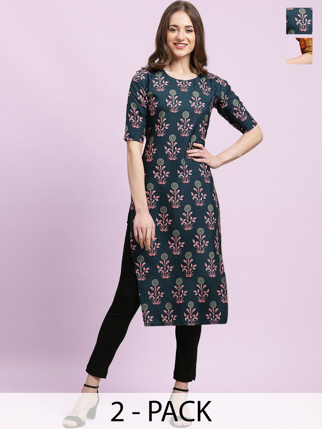 

Moda Rapido Green & Brown Selection of 2 Floral Printed Straight Kurtas