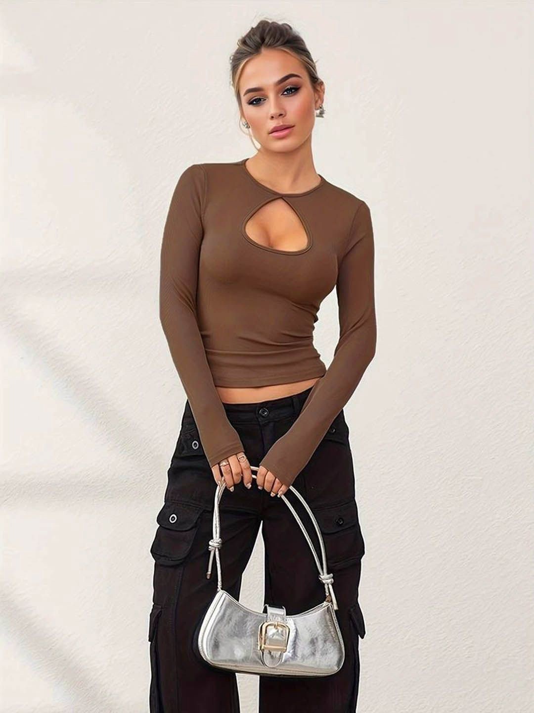 

StyleCast Cut Out Detail Fitted Crop Top, Brown