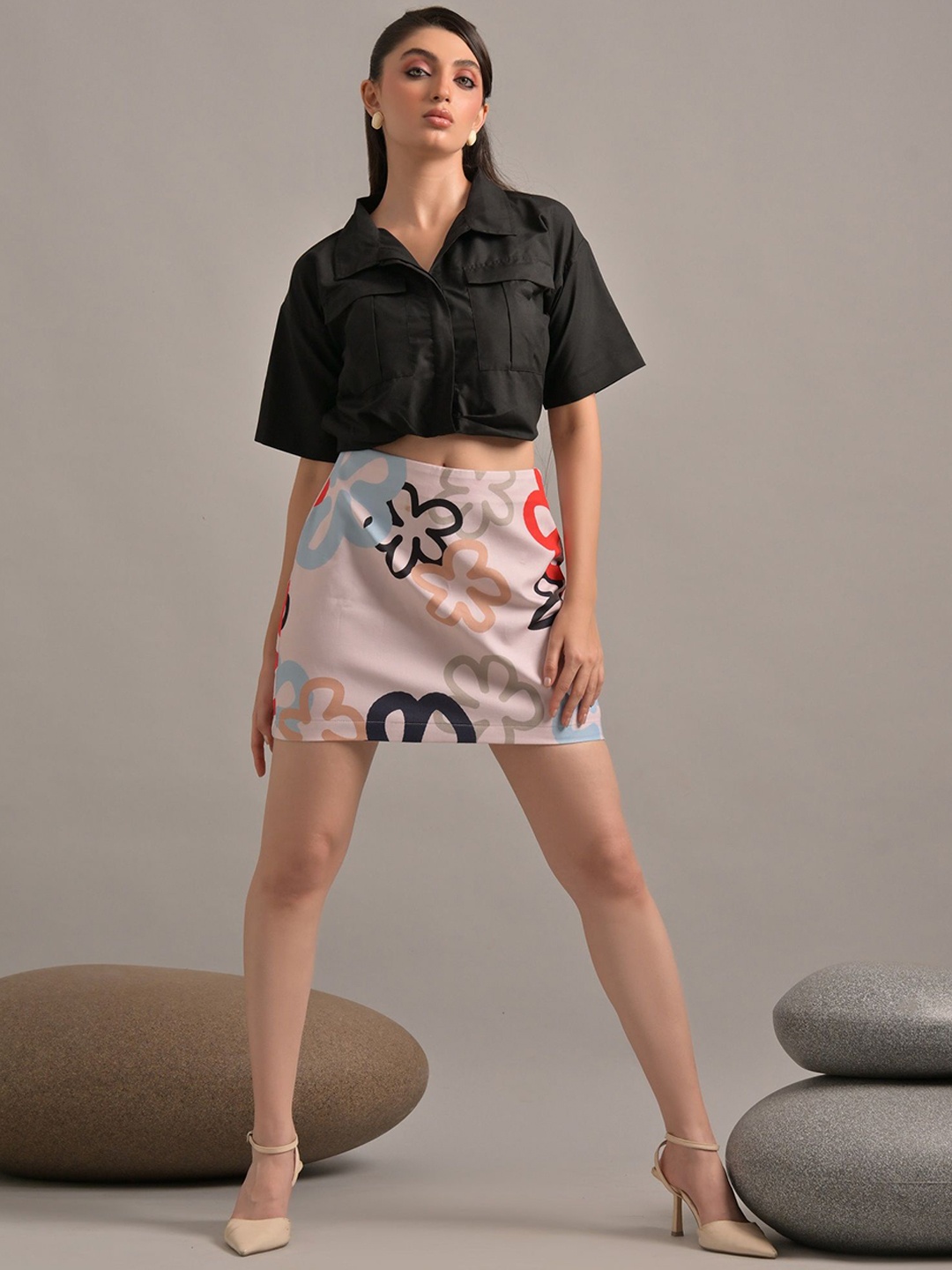 

GARDEN PARTY Printed Pure Cotton Top & Skirt Co-ord Set, Black