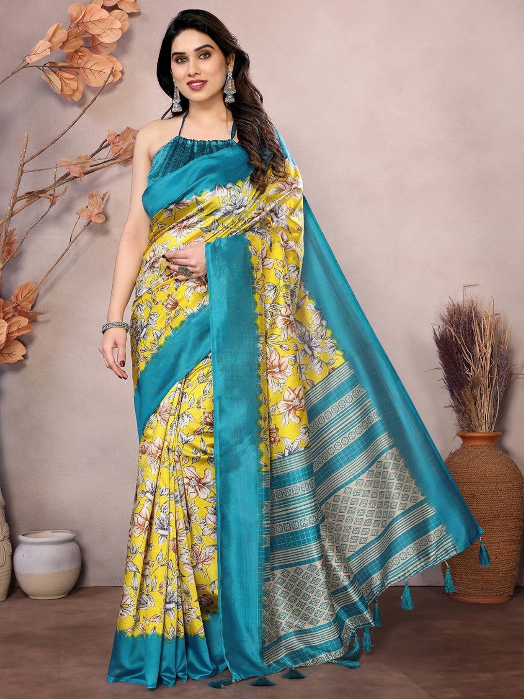 

KALINI Floral Printed Saree, Yellow