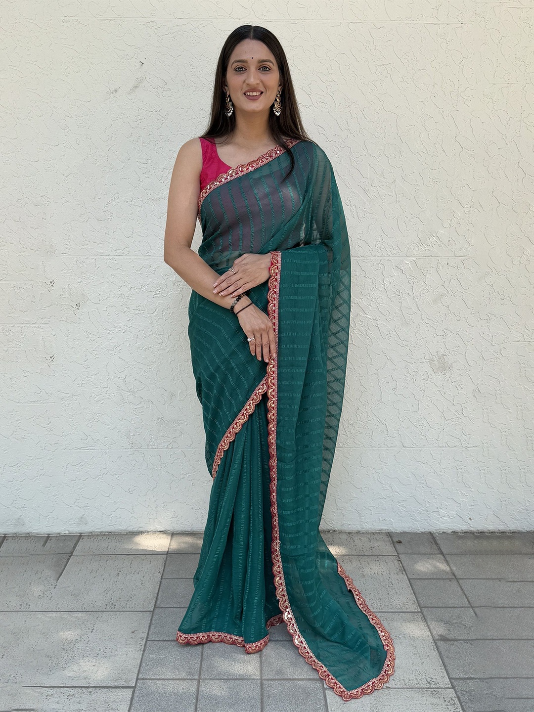 

APNISHA Striped Sequinned Pure Chiffon Saree, Teal