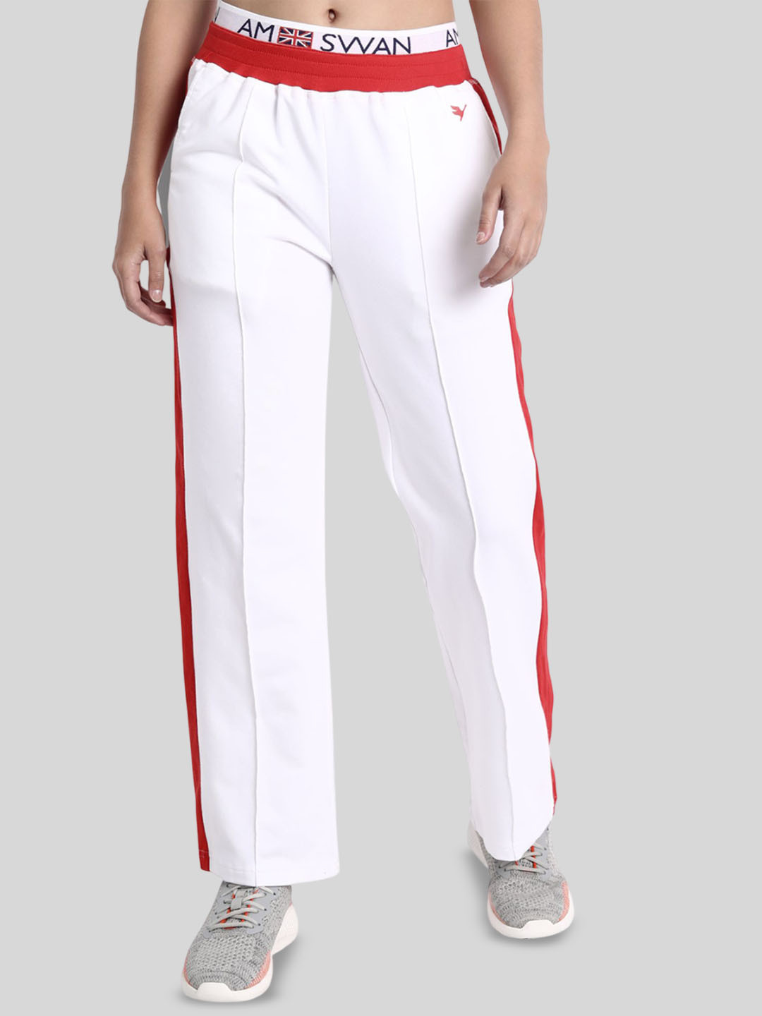

AMSWAN Women Mid Rise Smart Fit Printed Tape Track Pants, White