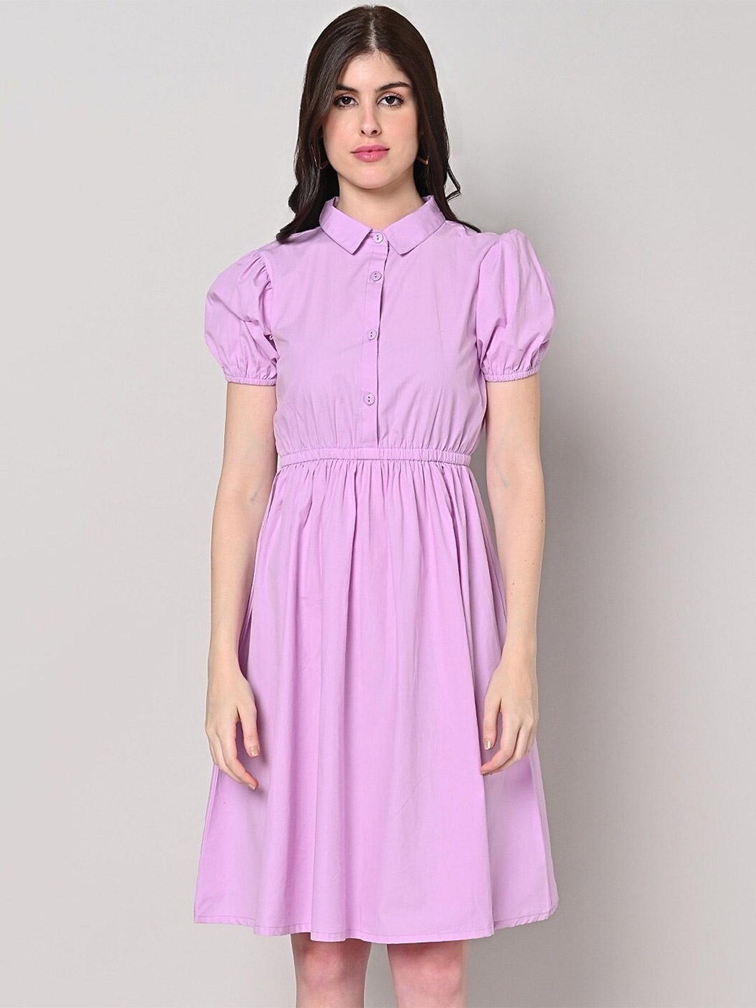 

SAKURA Women Cotton Shirt Collar Puff Sleeve Fit & Flare Dress, Lavender