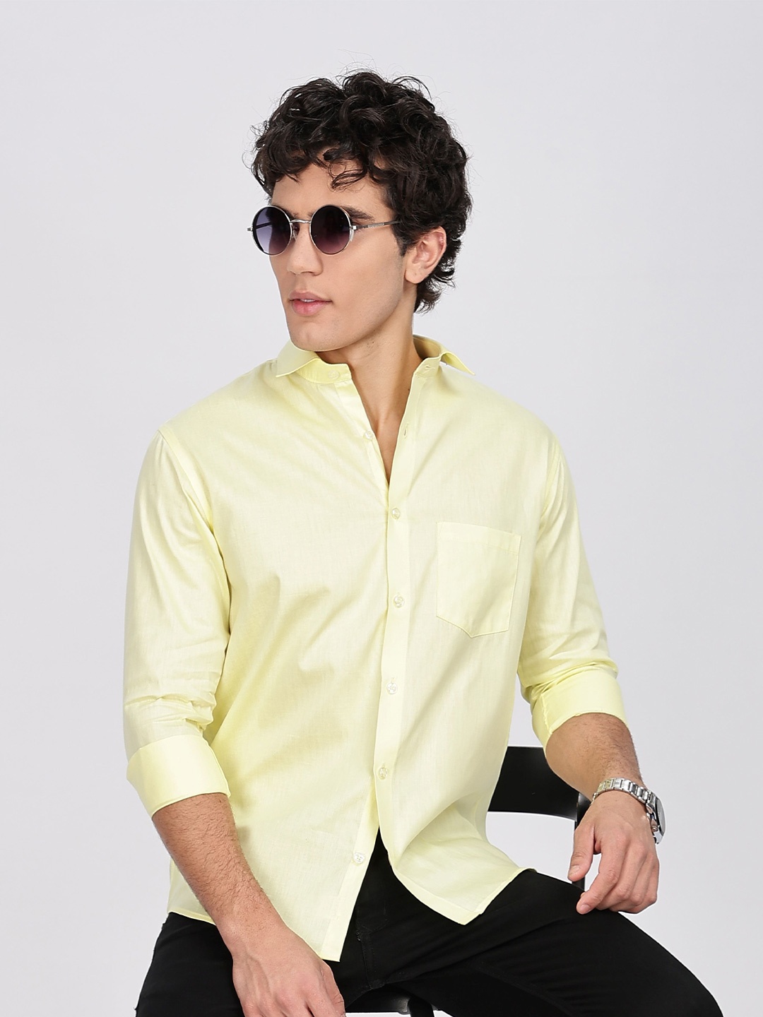 

BRUTTLYN Men Classic Slim Fit Spread Collar Solid Cotton Casual Shirt, Yellow