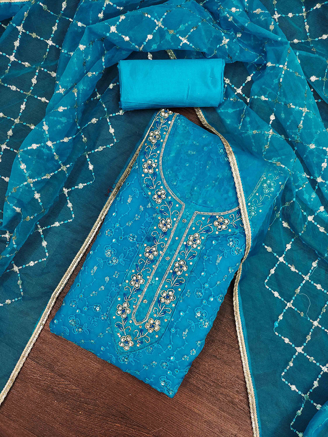 

KALINI Embroidered Organza Unstitched Dress Material, Blue