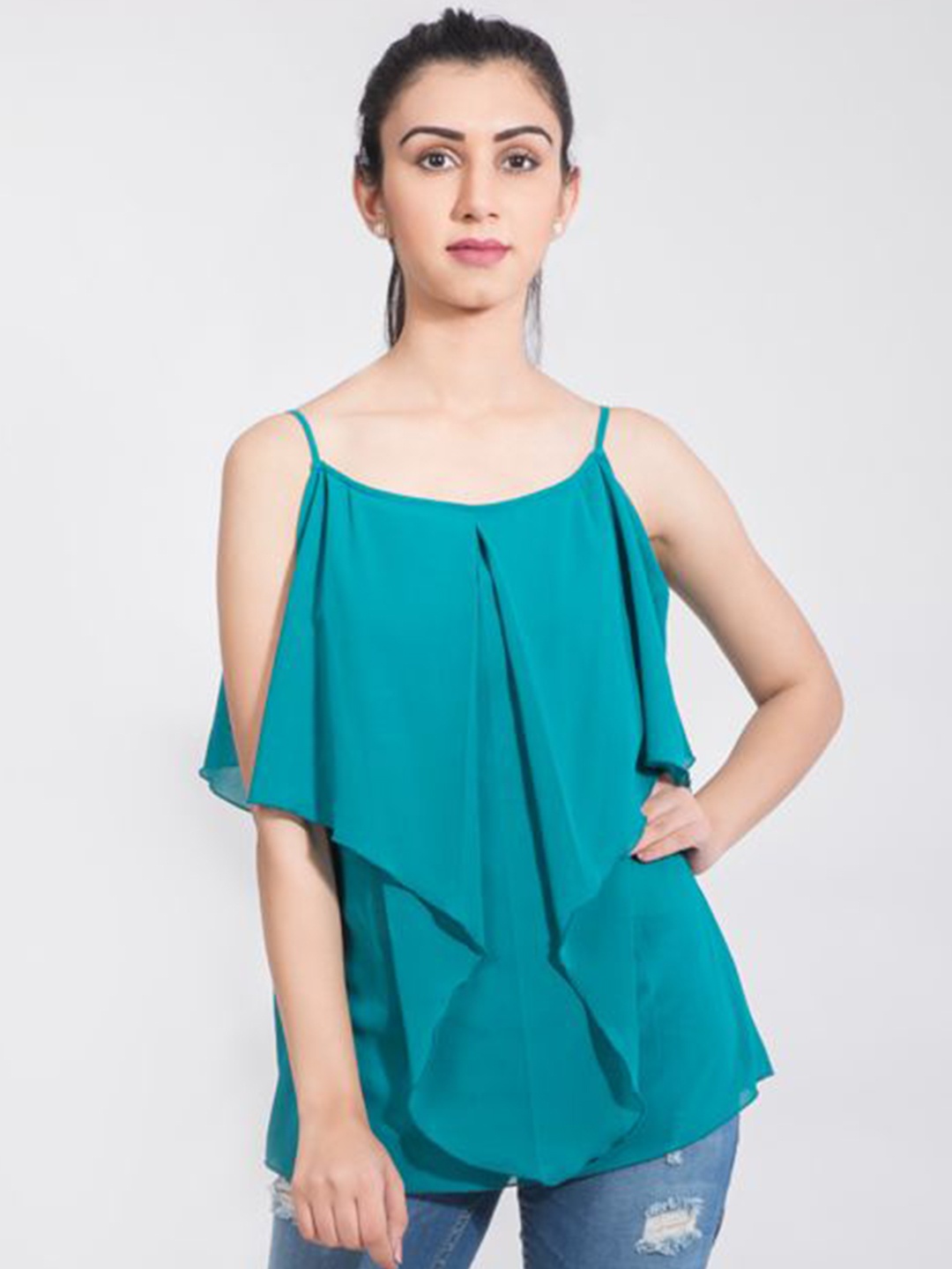 

DELIS Ruffles Monochrome Georgette Top, Green