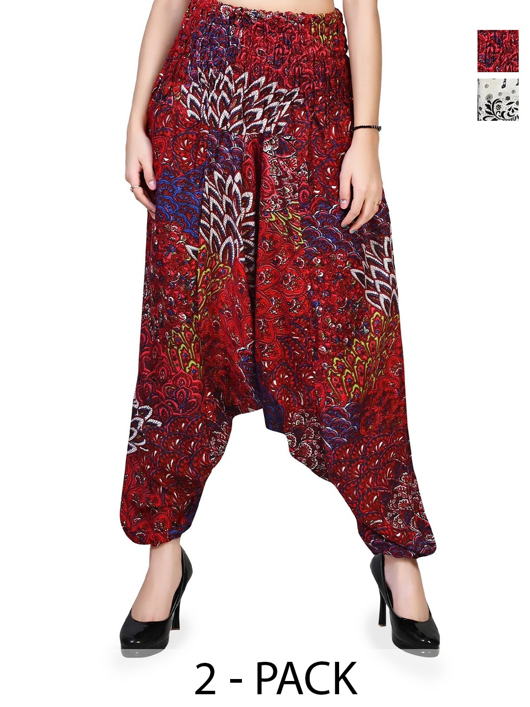 

NarNari Women Pack Of 2 Printed Harem Pants, Red