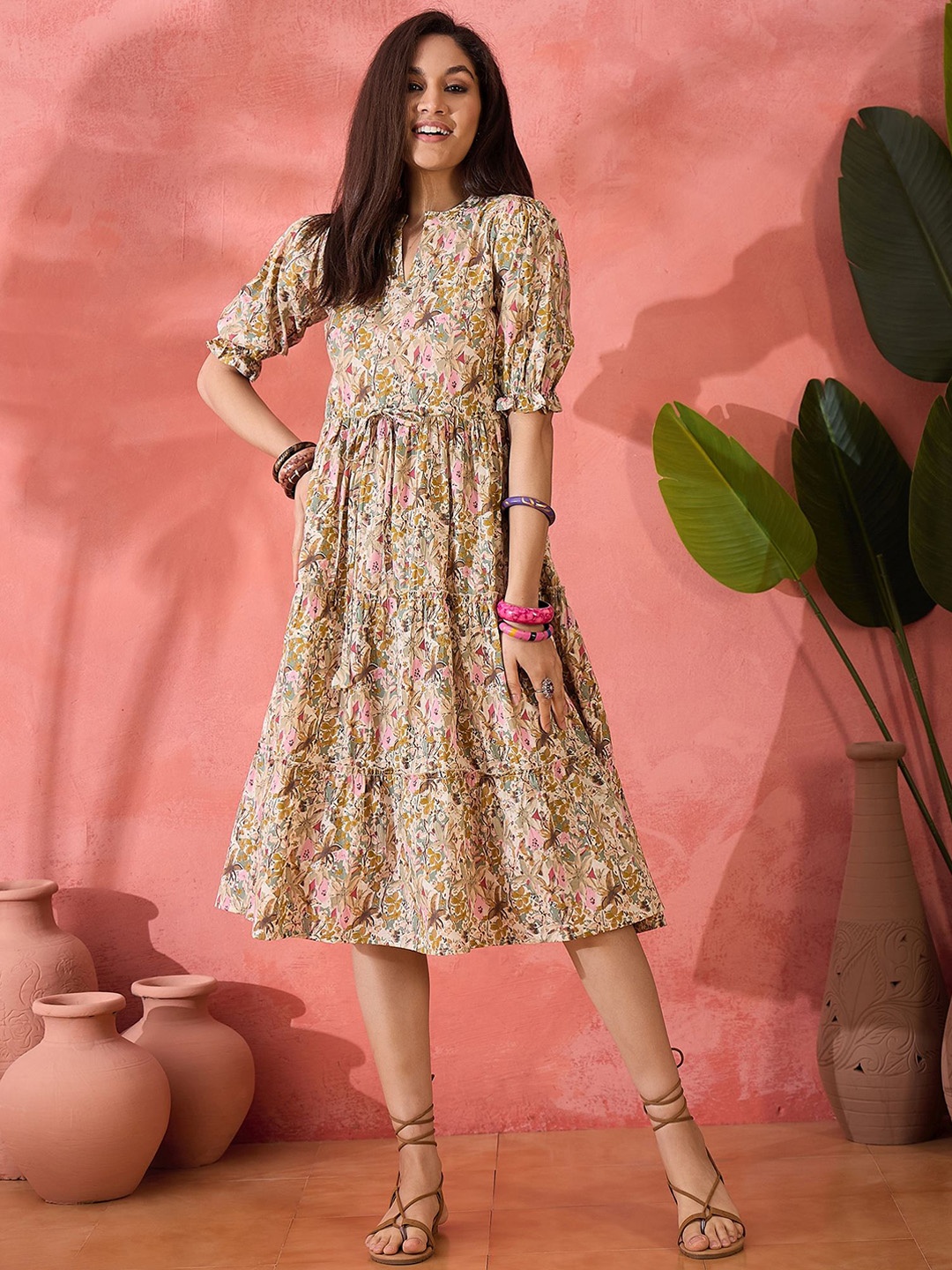 

Sangria Printed Pure Cotton A-Line Ethnic Dress, Cream