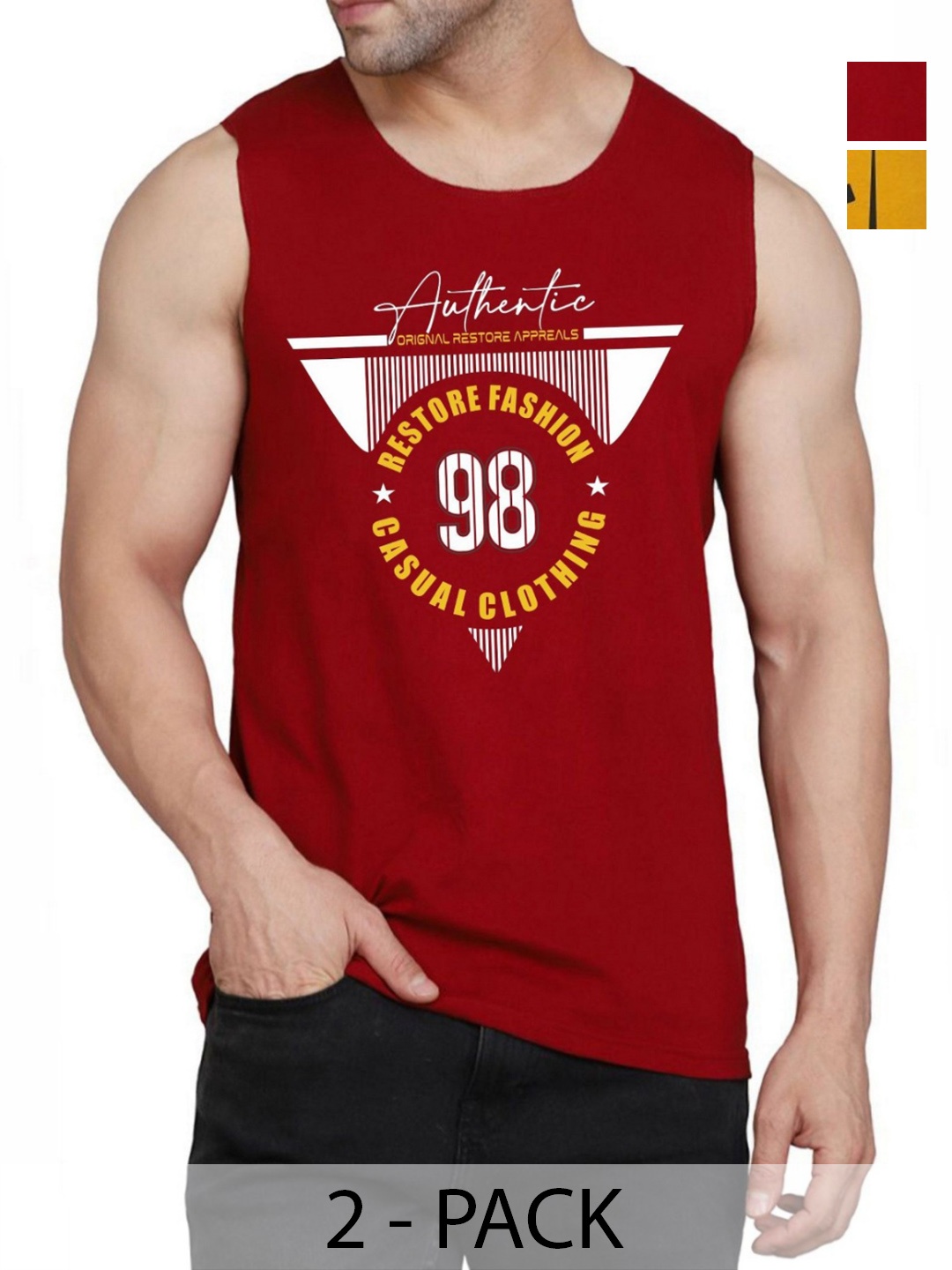 

WOOSTRO Men Pack Of 2 Typography Printed Round Neck Cotton Slim Fit T-shirts, Maroon