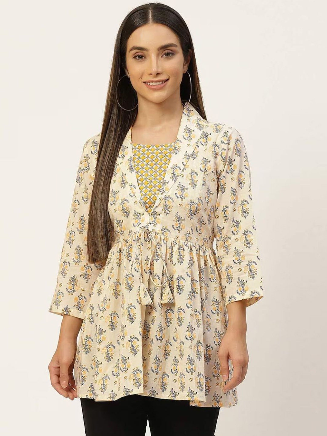 

Rangun Women Floral Printed Peplum Top, Beige