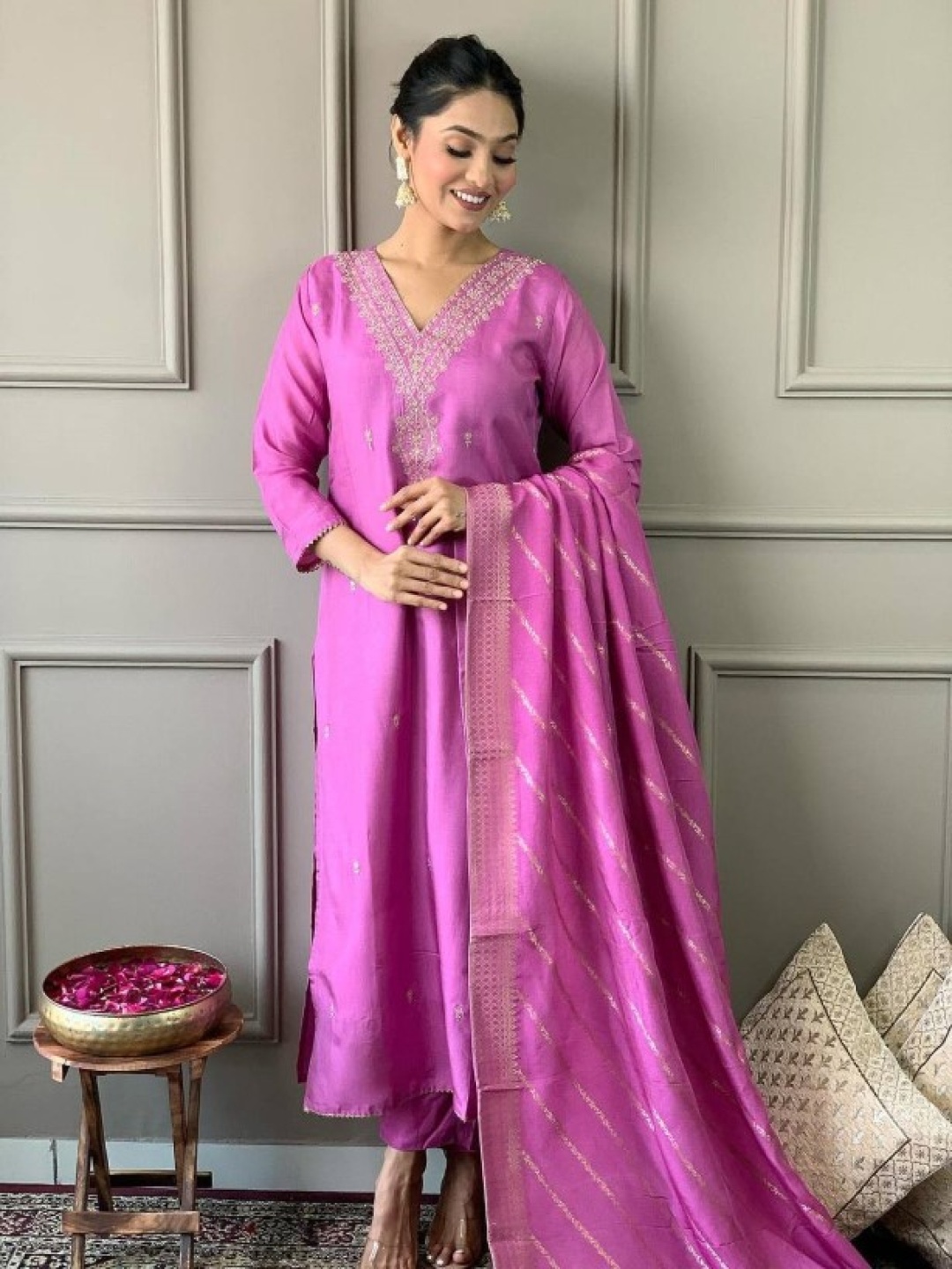 

Kurti Culture Floral Embroidered V-Neck Kurta With Trousers & With Dupatta, Pink
