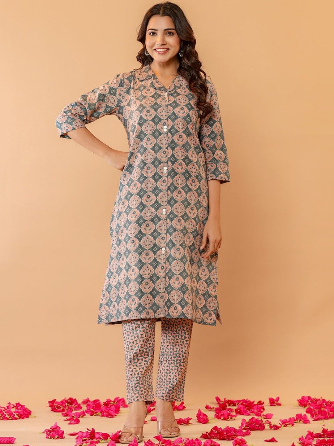 

FLAMBOYANT Floral Printed Shirt Collar Straight Kurti With Trouser, Peach