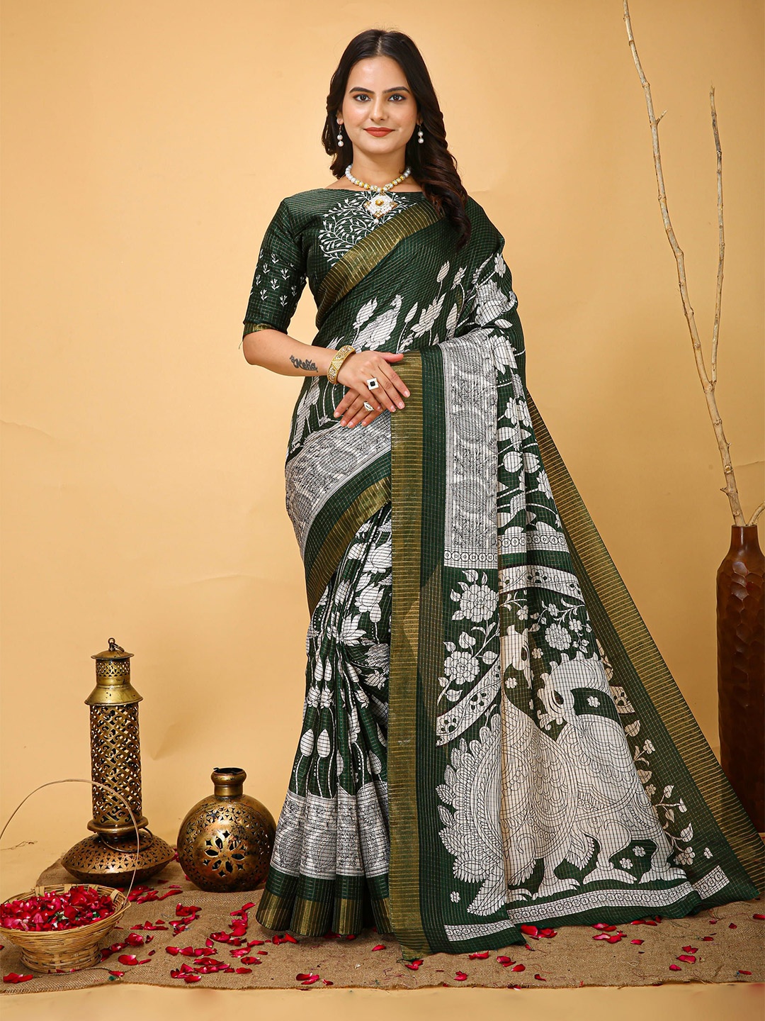 

KAYOMMI Floral Zari Pure Cotton Kanjeevaram Saree, Green