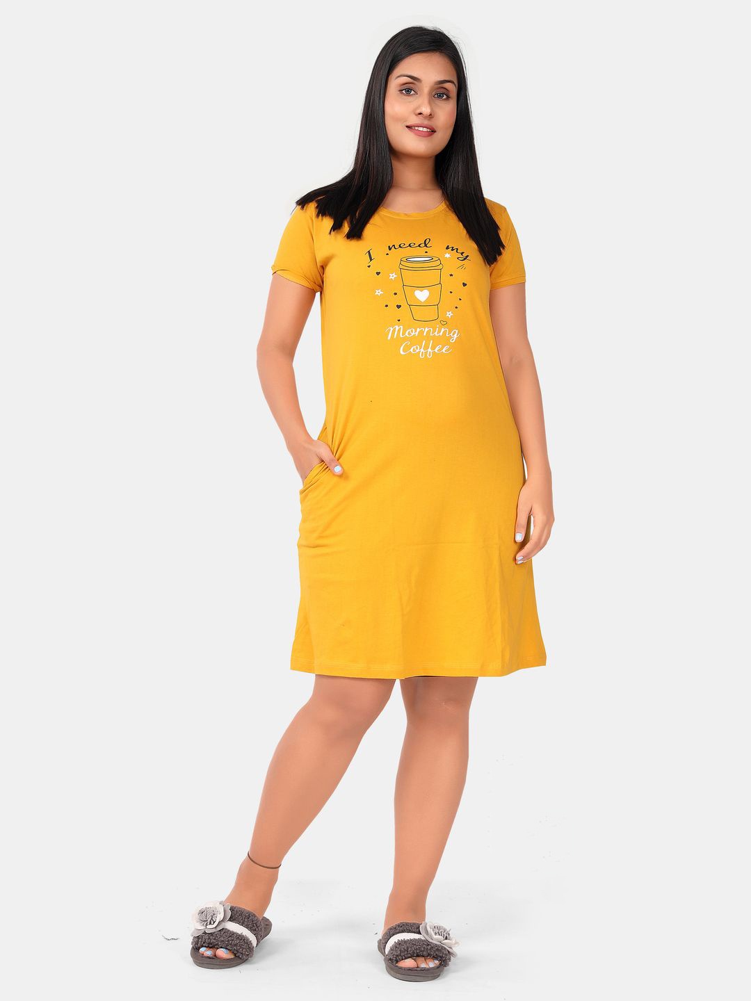 

SWEET MOON Typography Printed Round Neck T-Shirt Nightdress, Yellow