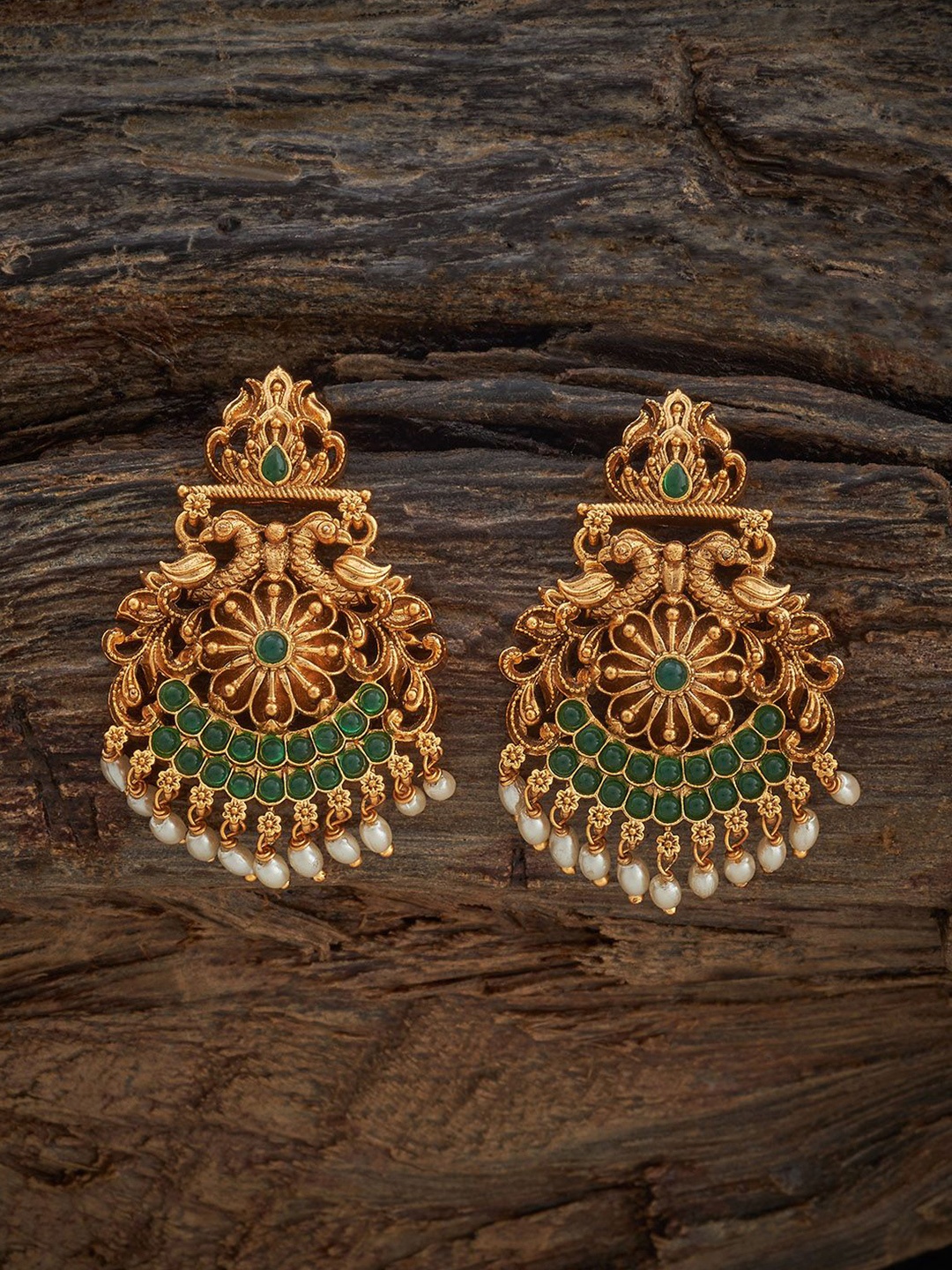 

Kushal's Fashion Jewellery Green Gold-Plated Peacock Shaped Antique Drop Earrings