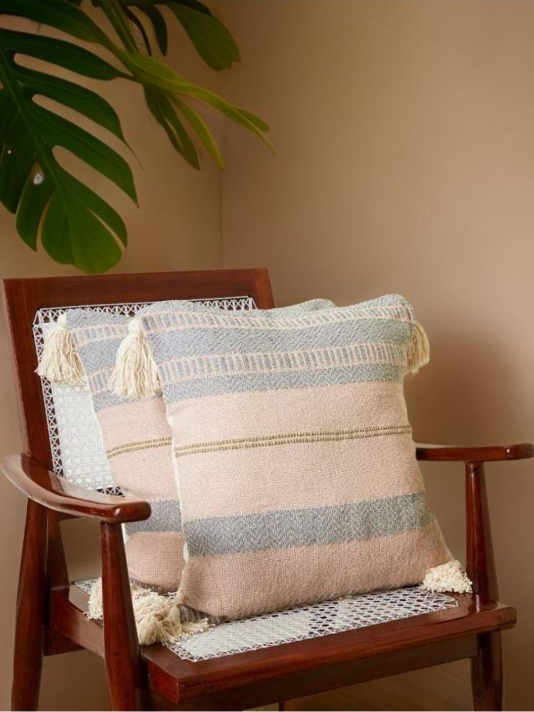 

Aura Peach And Grey 2 Pieces Striped Woven Design Square Shaped Cotton Cushion Covers