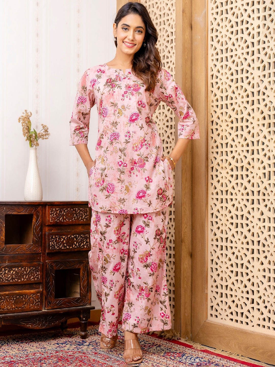 

Acriine Floral Printed Pure Cotton Notch-Neck Tunic & Trouser, Pink