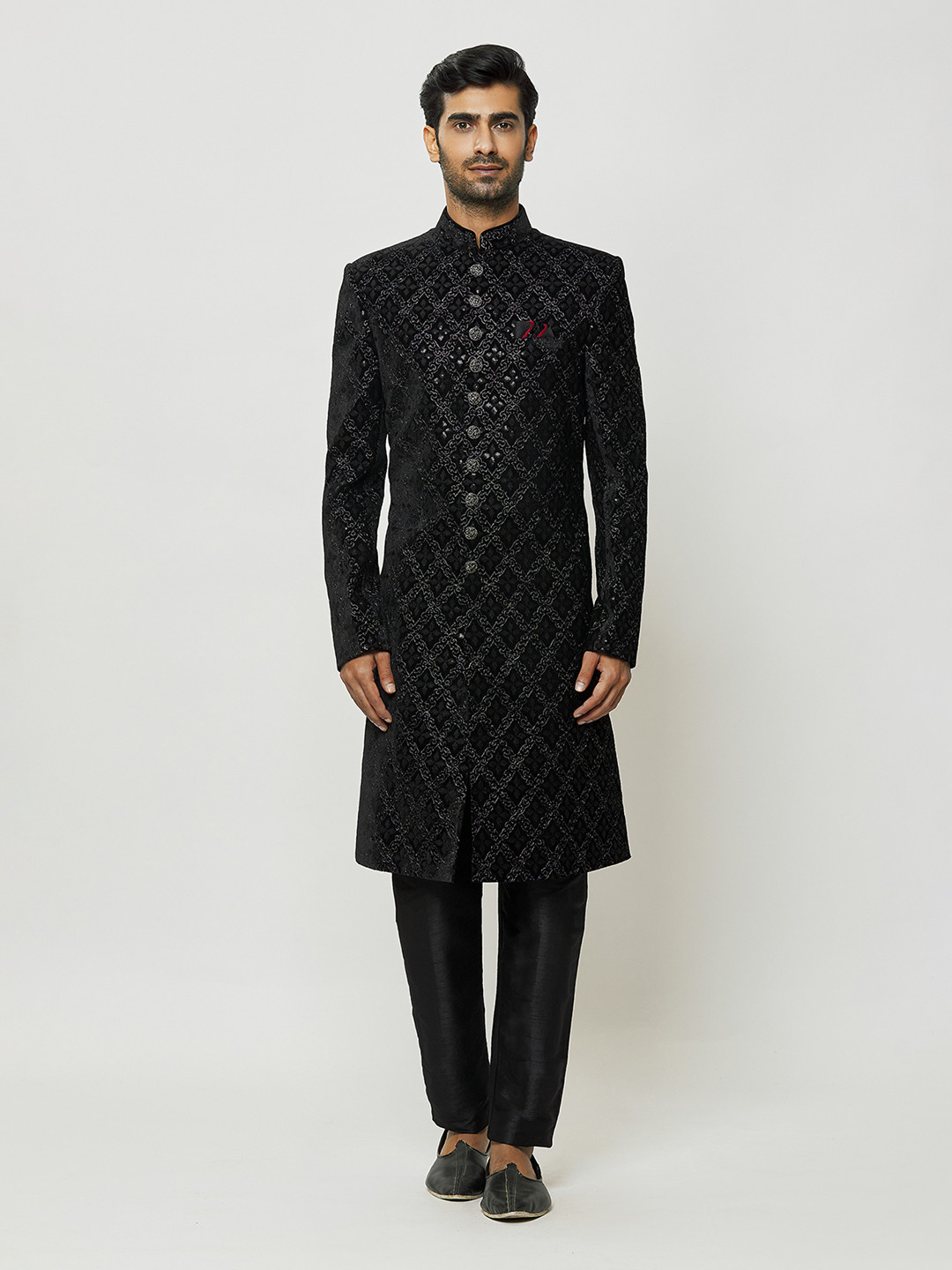 

Aryavir Malhotra Sequins Embroidered Velvet Sherwani, Black