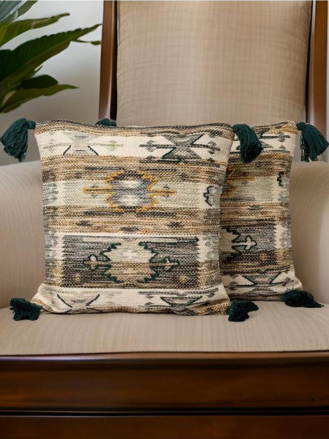 

Aura Beige & Grey 2 Pieces Ethnic Motifs Textured Square Cushion Covers