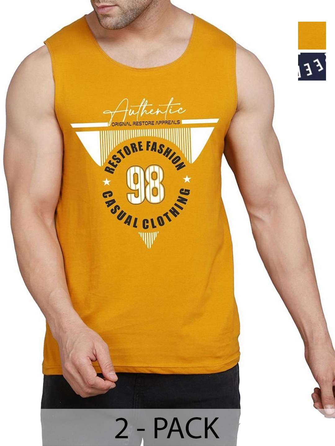 

WOOSTRO Men Pack Of 2 Typography Printed Round Neck Cotton Slim Fit T-shirts, Mustard