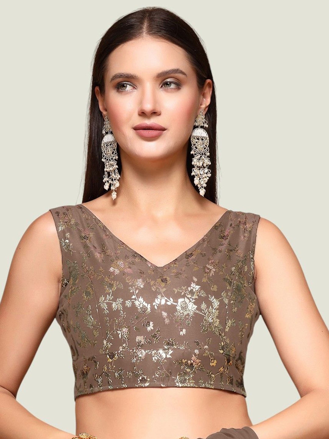 

Oomph! Self-Designed Jacquard Sleeveless Saree Blouse, Copper
