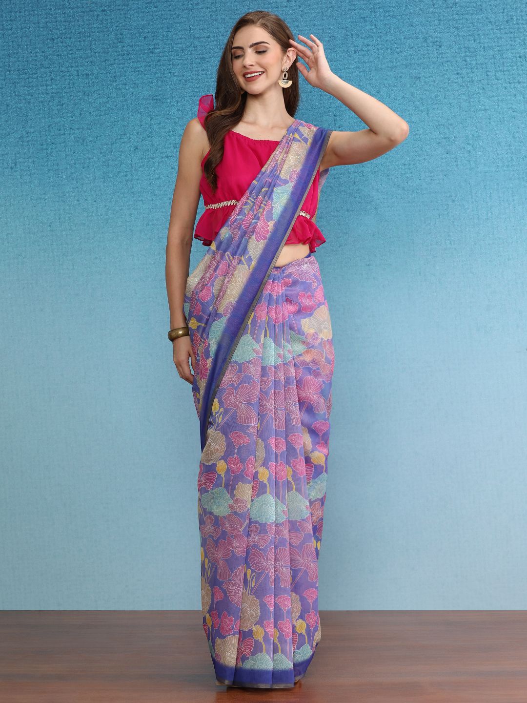 

DIVASTRI Chanderi Cotton Digital Printed Floral Saree With Tassels, Blue