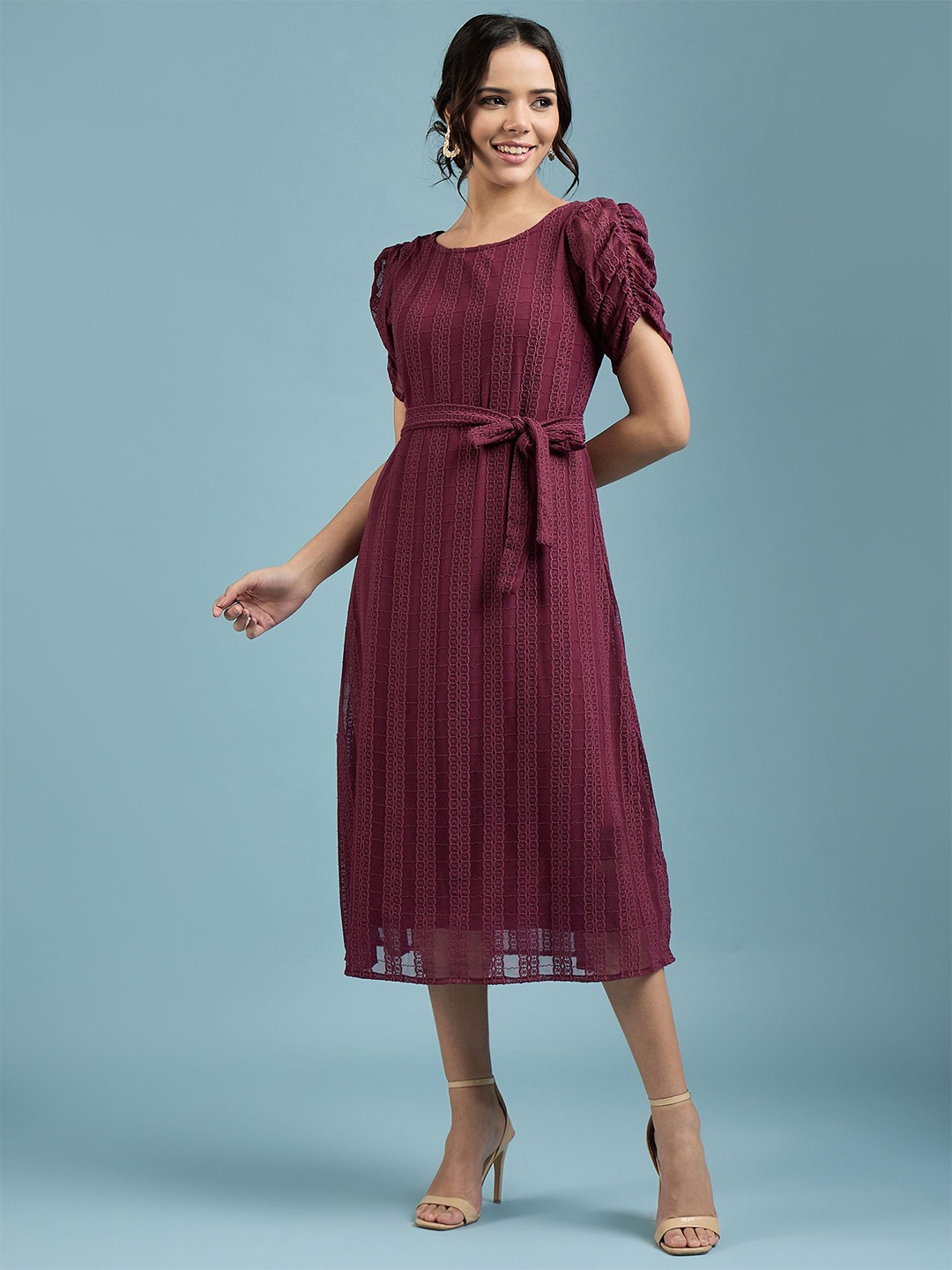 

DressBerry Embroidered Puff Sleeve Net A-Line Midi Dress, Maroon