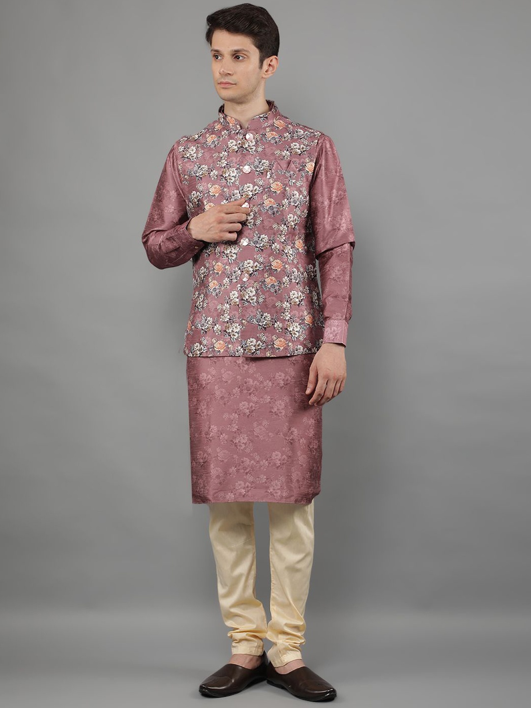 

Manish Creations Floral Printed Mandarin Collar Kurta With Churidar And Nehru Jacket, Pink