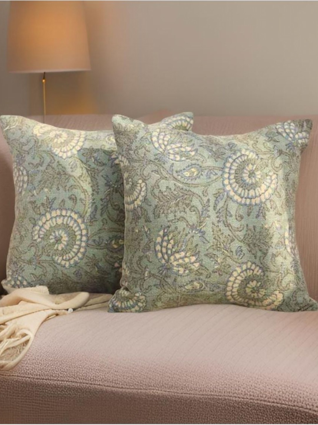 

Aura Green & Beige 2 Pieces Floral Printed Square Cushion Covers