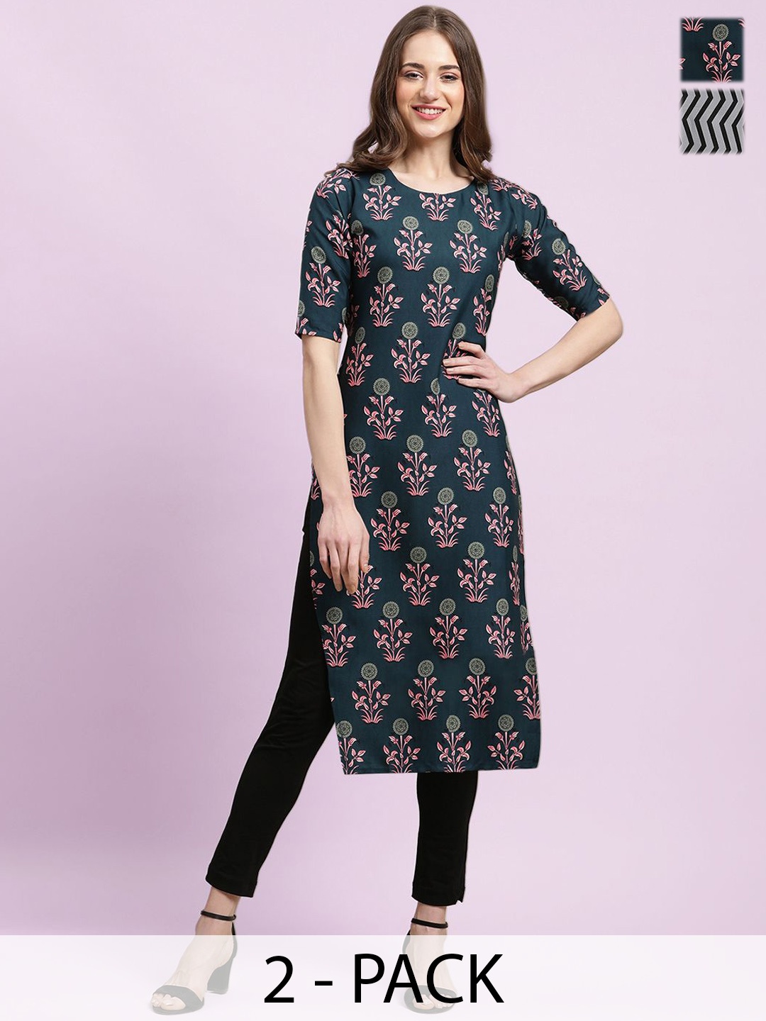 

Moda Rapido Blue Selection of 2 Floral & Geometric Printed Straight Kurtas