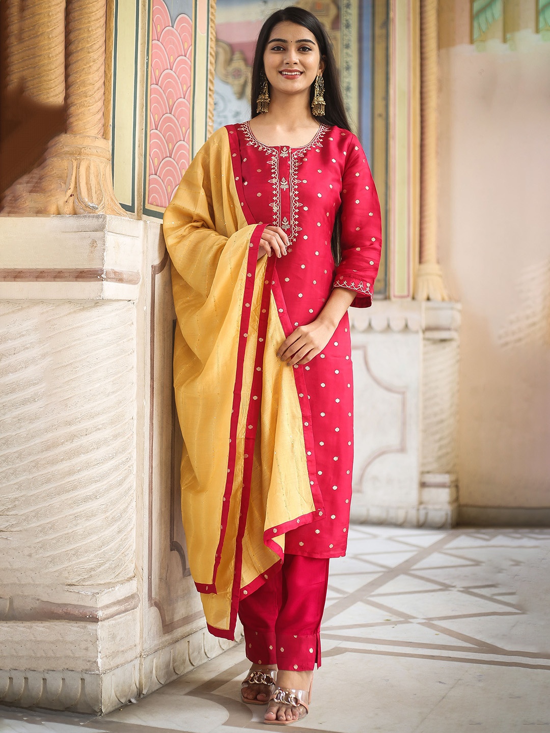 

sewingkrafts Women Regular Kurta with Palazzos & With Dupatta, Red