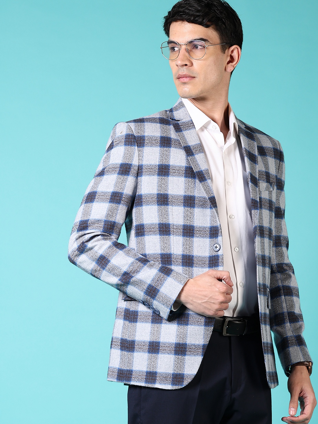 

V-Mart Checked Cotton Notched Lapel Collar Single Breasted Formal Blazer, Blue