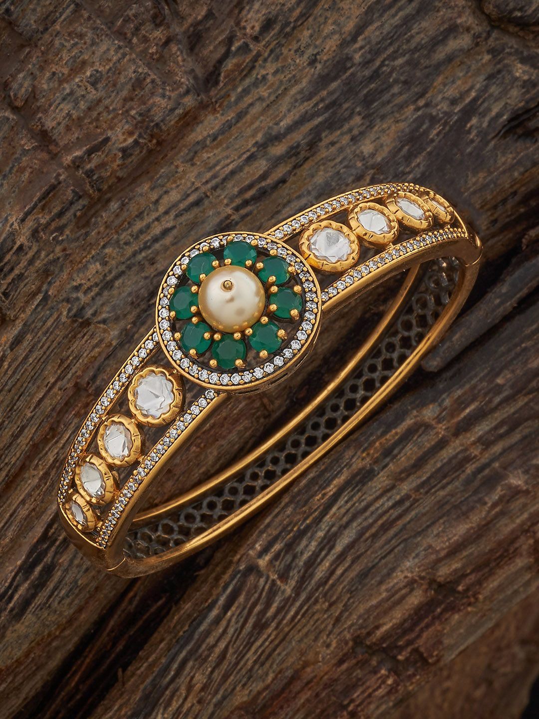 

Kushal's Fashion Jewellery Women Green Victorian-Plated Kundan Kada Bangle, Gold
